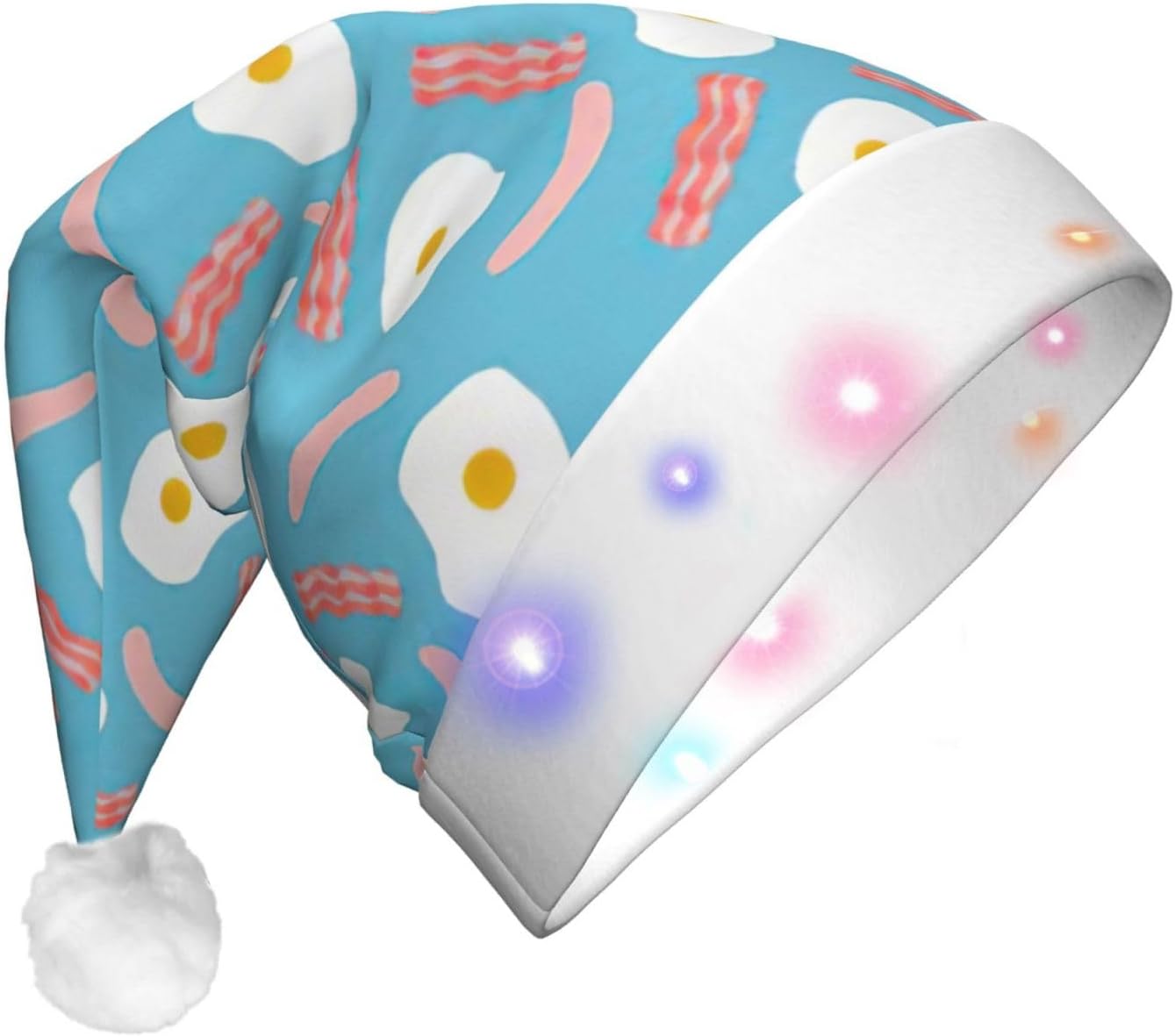 Hot Dog Egg Print Christmas Santa Hat Plush Light Up for Adults