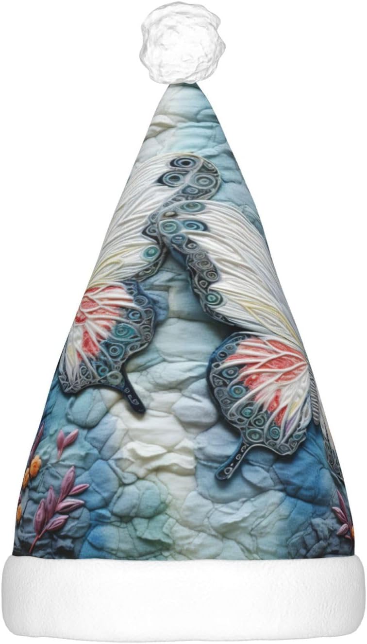 QinZheng Butterfly Stone Print LED Santa Hat for Adults