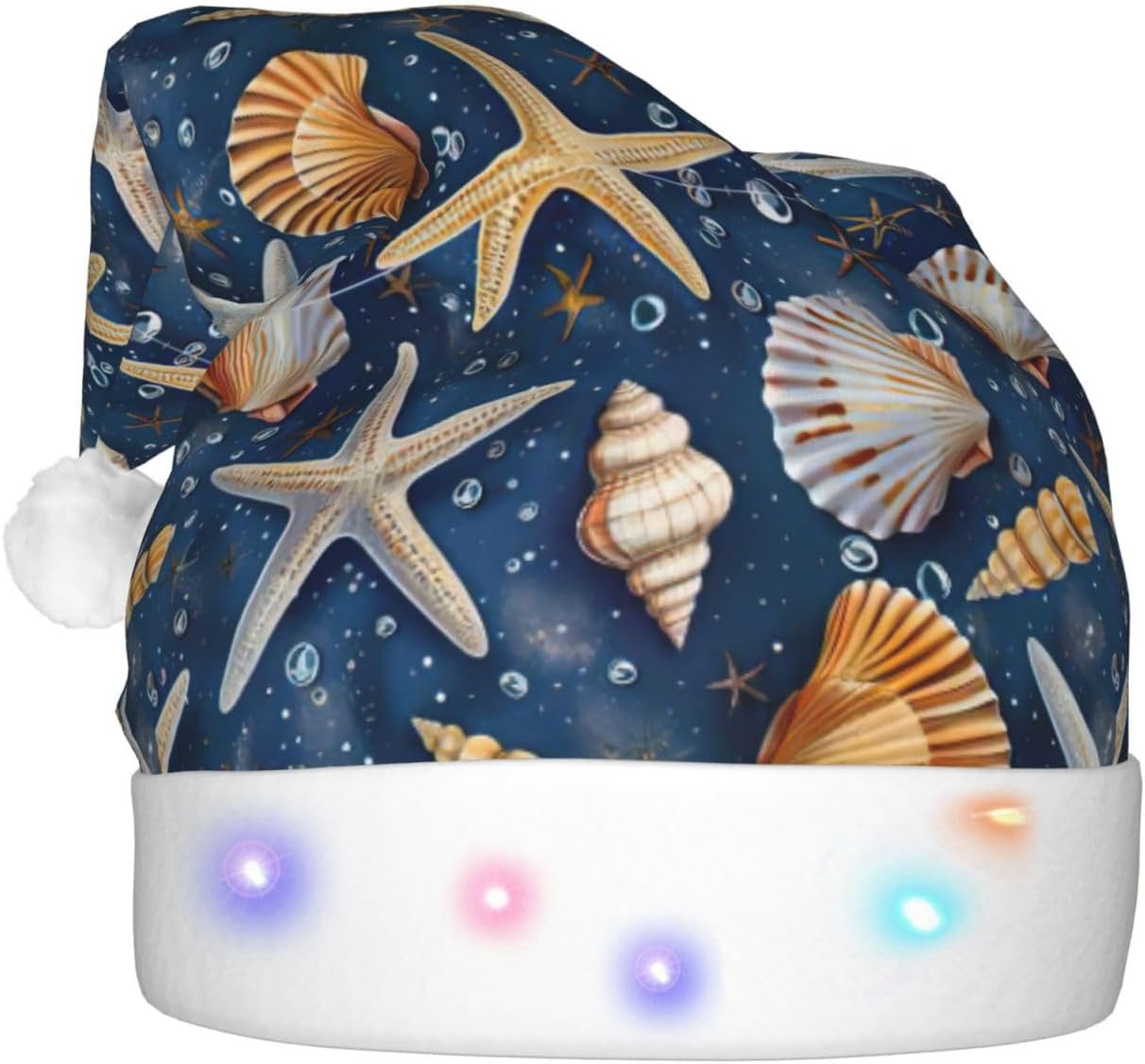 Starfish Seashell Pattern Light Up Santa Hat for Adults