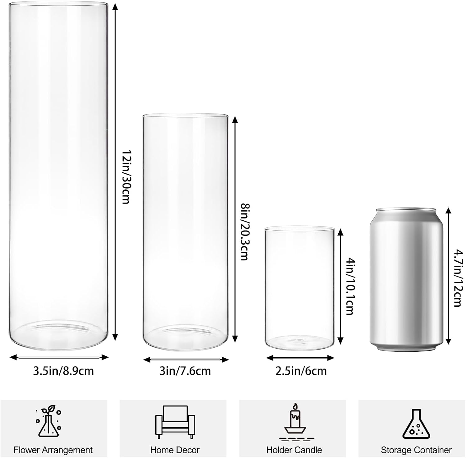 Fixwal 3 Pack Clear Glass Cylinder Vases 4 8 12 Inch