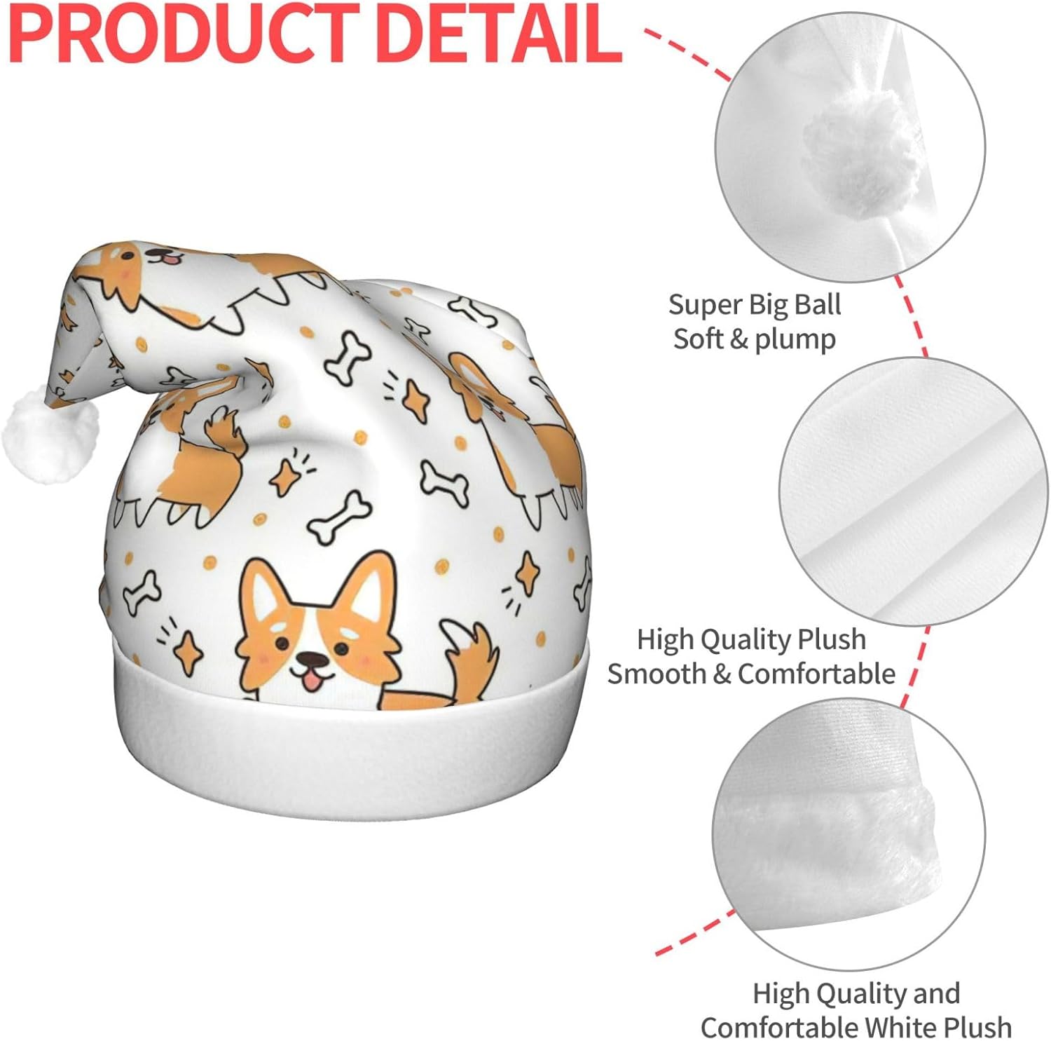 Dog Print Christmas Santa Hat Plush Light Up for Adult Party