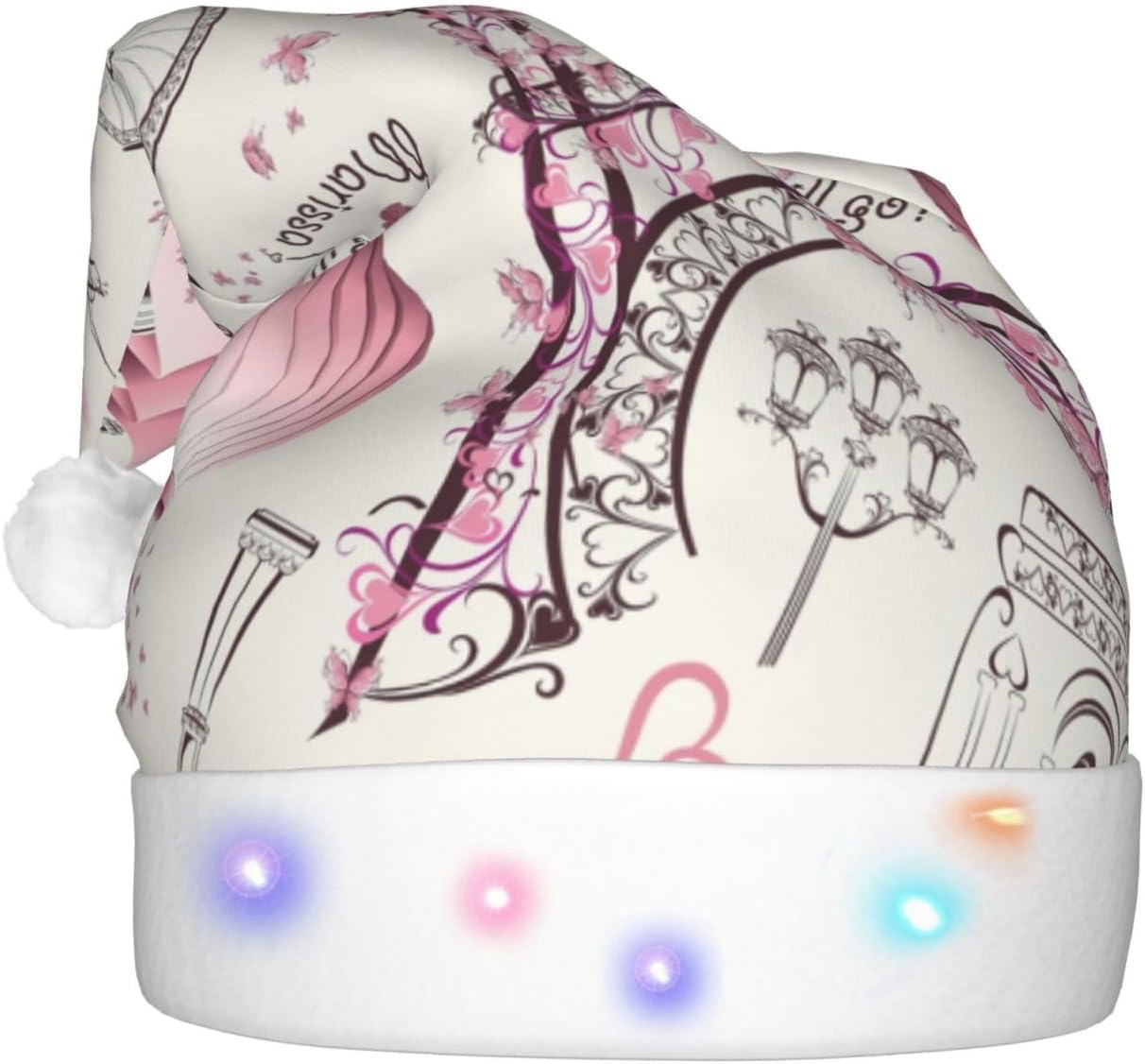 Dog and Paris Towe Print Santa Hat Plush Light Up for Adults