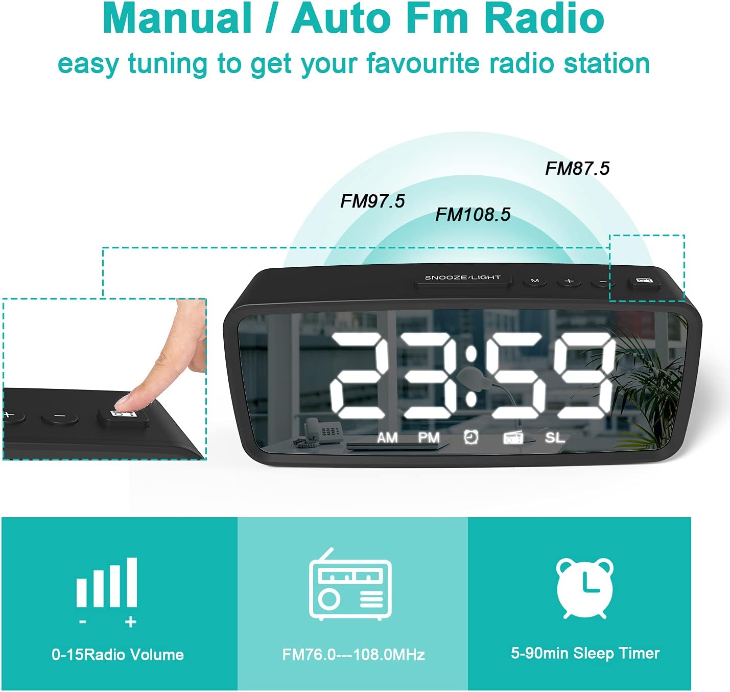 VAUNO Radio Alarm Clock with FM Radio and Adjustable Brightness