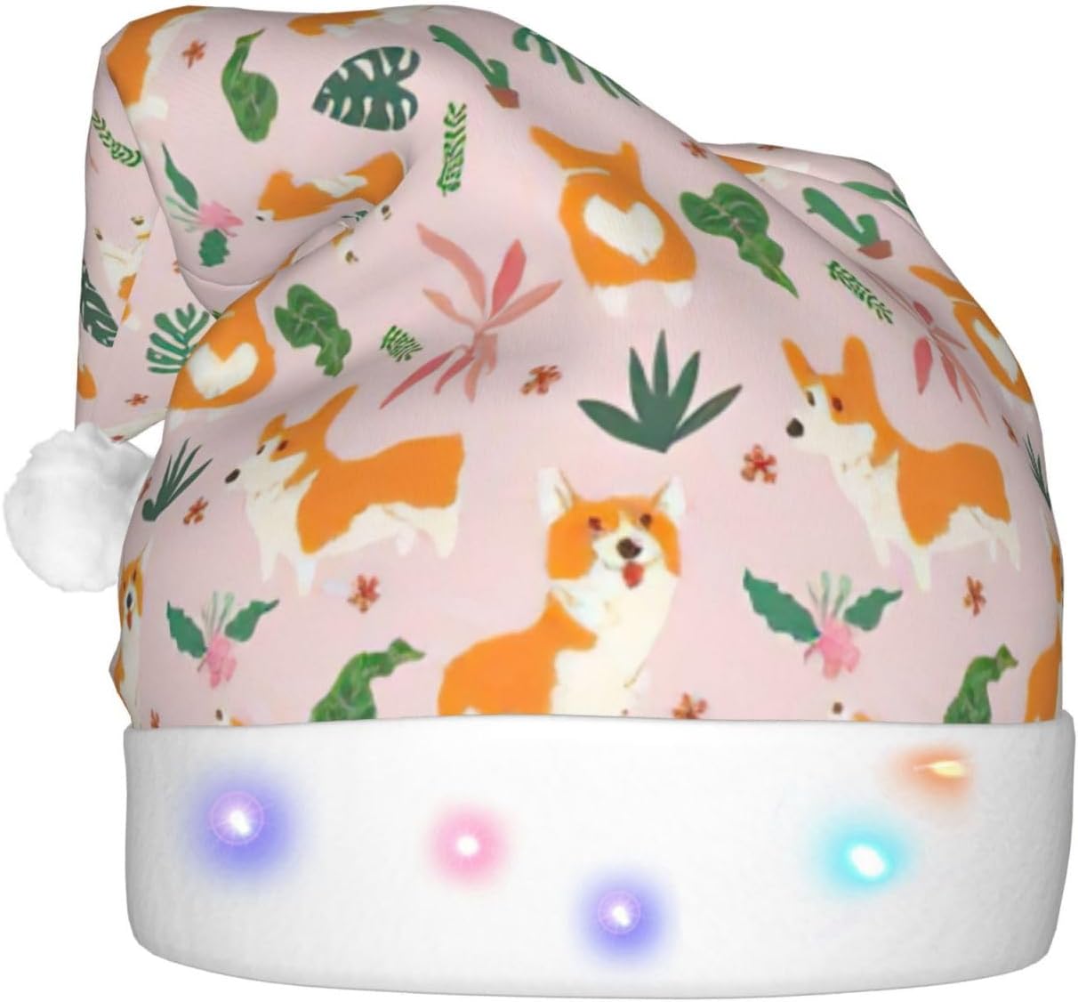 Small Corgi Print LED Santa Hat Plush for Adult