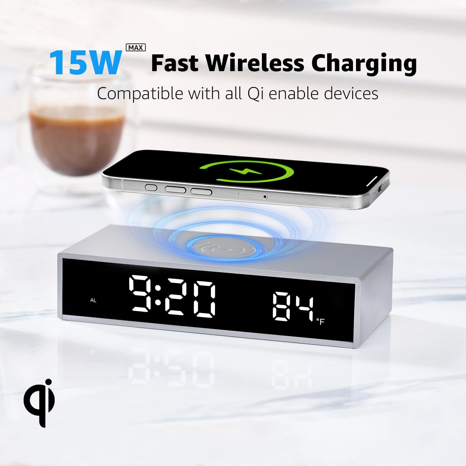 OhM-ega Digital Alarm Clock with 15W Wireless Charging