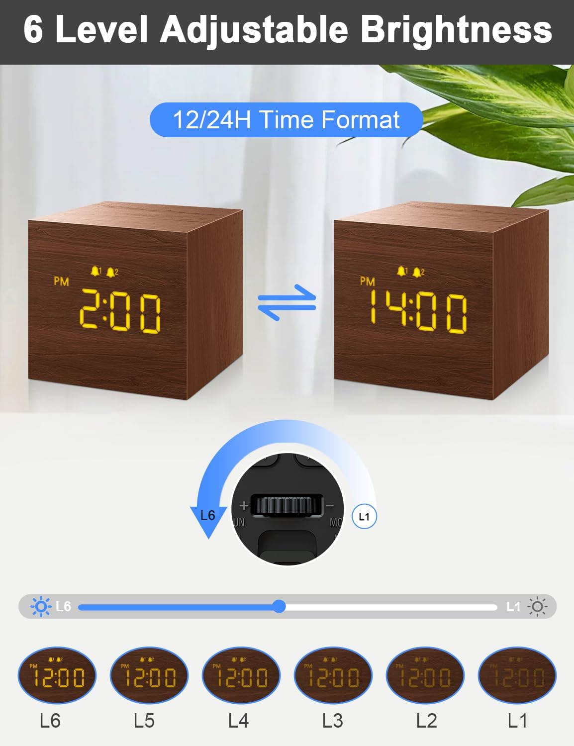 Wooden Digital Alarm Clock with 3 Alarms