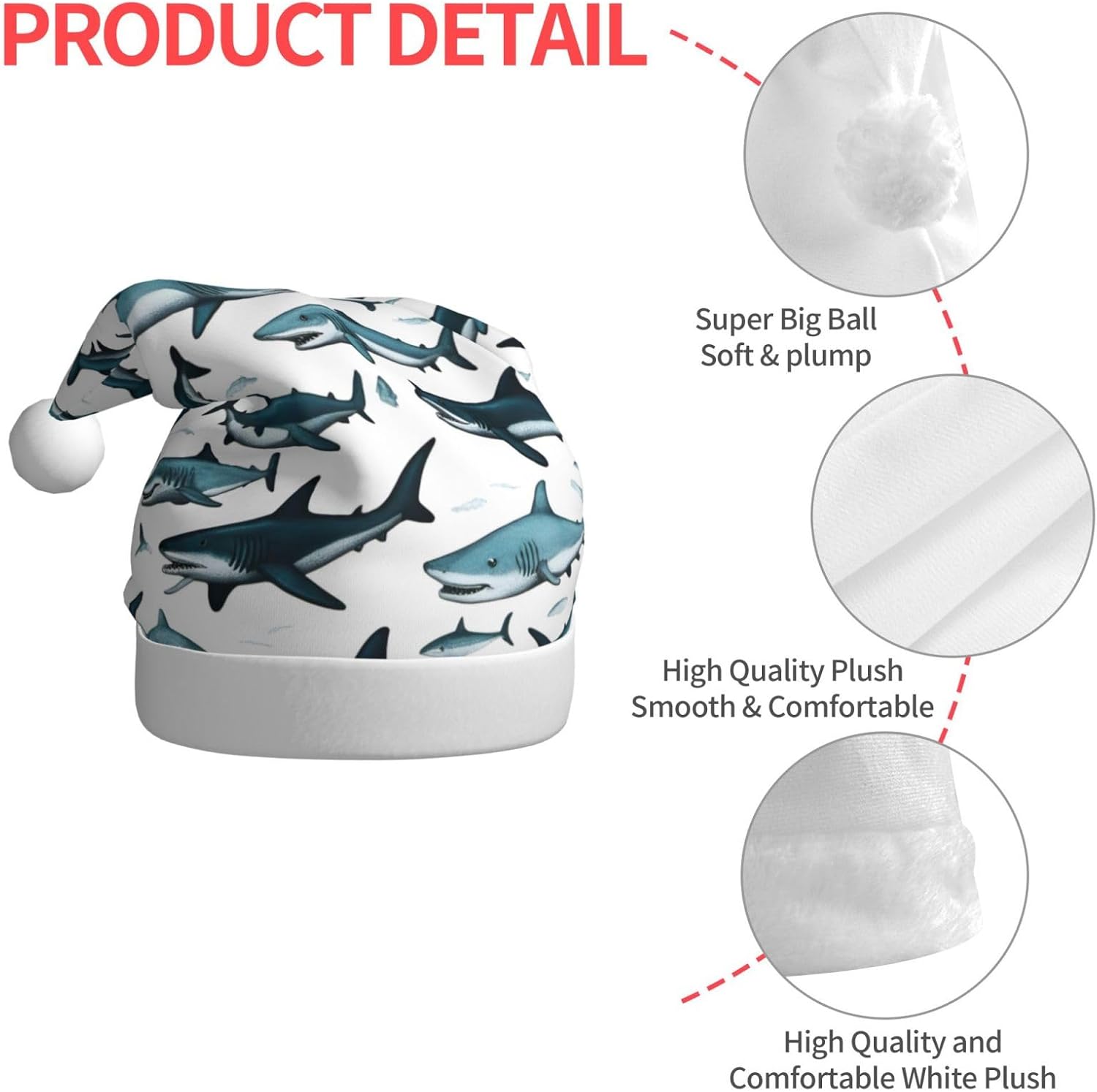 Shark Pattern Christmas Santa Hat Plush Funny Adult Headwear