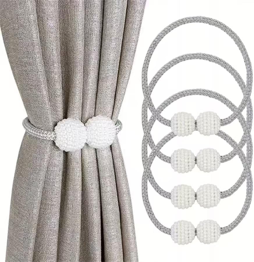 4 Pack Magnetic Curtain Holdbacks with Decorative Ropes - Grey