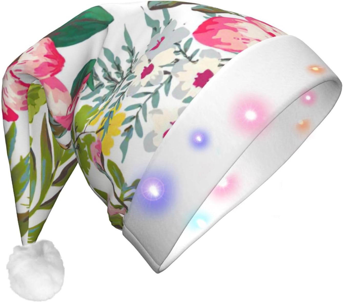 Hibiscus Flowers Christmas Santa Hat Plush Light Up Funny Adult Party Hat