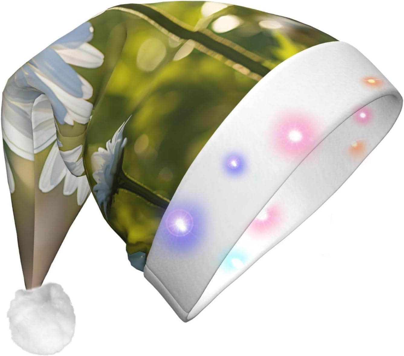 QINZHENG White Daisy Santa Hat with LED Lights for Christmas Party