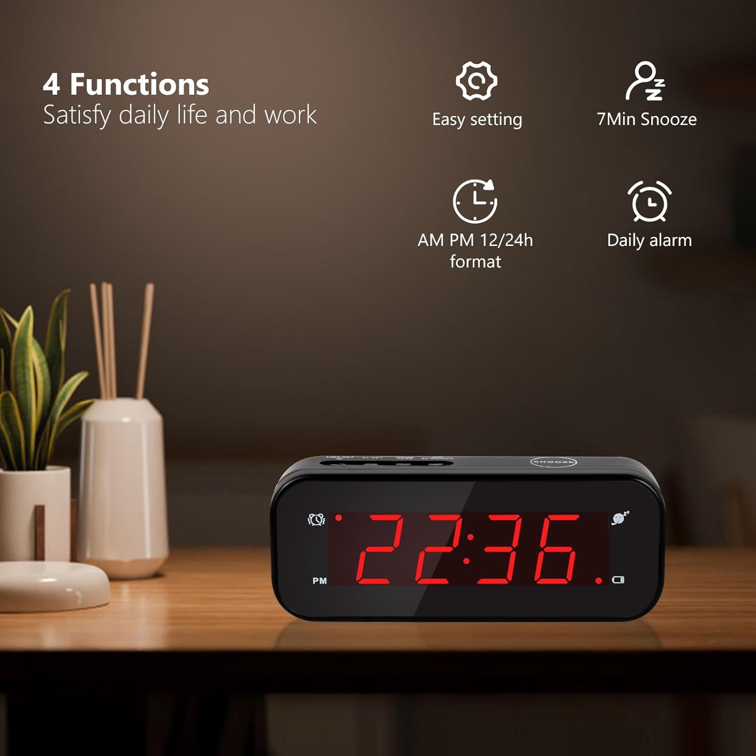 Small Digital Travel Alarm Clock with Snooze and Adjustable Brightness