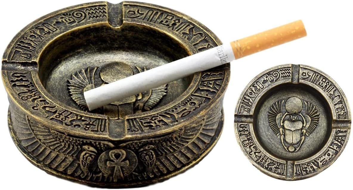 Egyptian Theme Ankh Dual Cobra Winged Scarab Ashtray Figurine 4 Inch