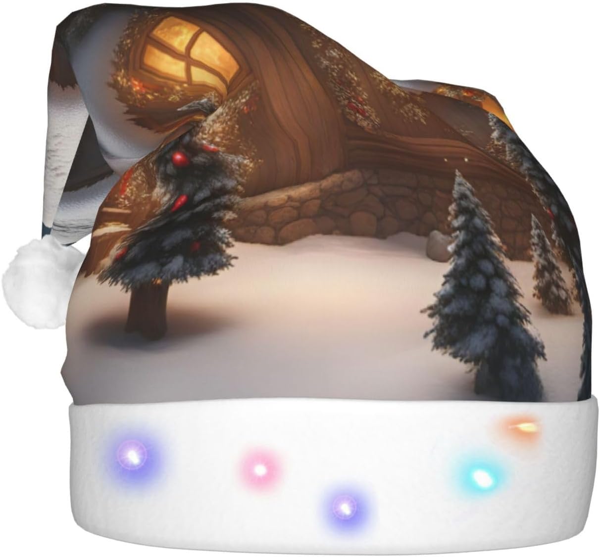 QINZHENG Christmas Village House 3 Print LED Santa Hat for Adults