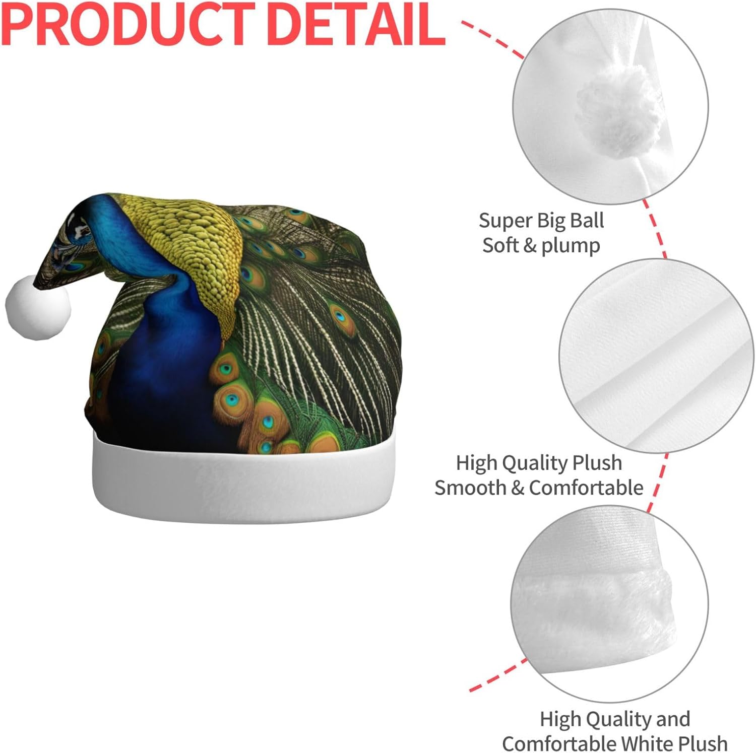 QINZHENG Peacock Feather Print Santa Hat for Women