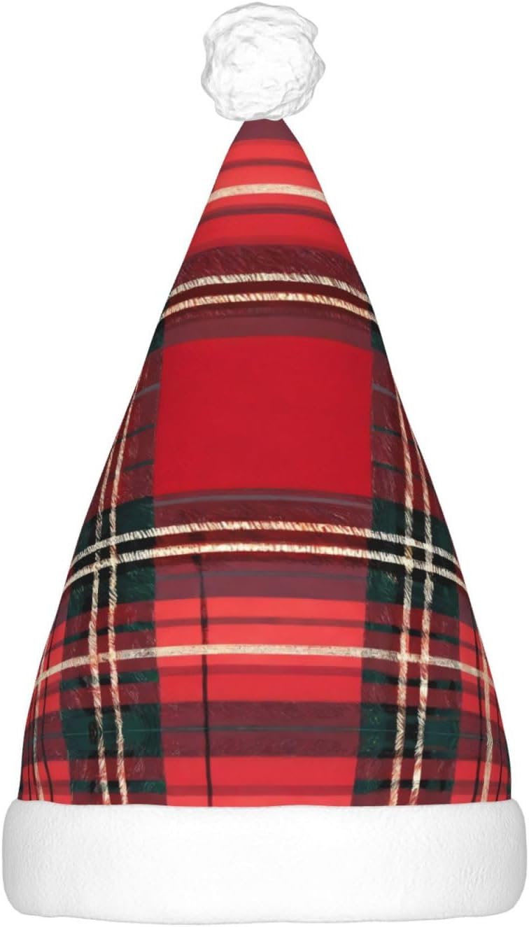 Plaid Red and Black Christmas Santa Hat Plush Light Up for Adults