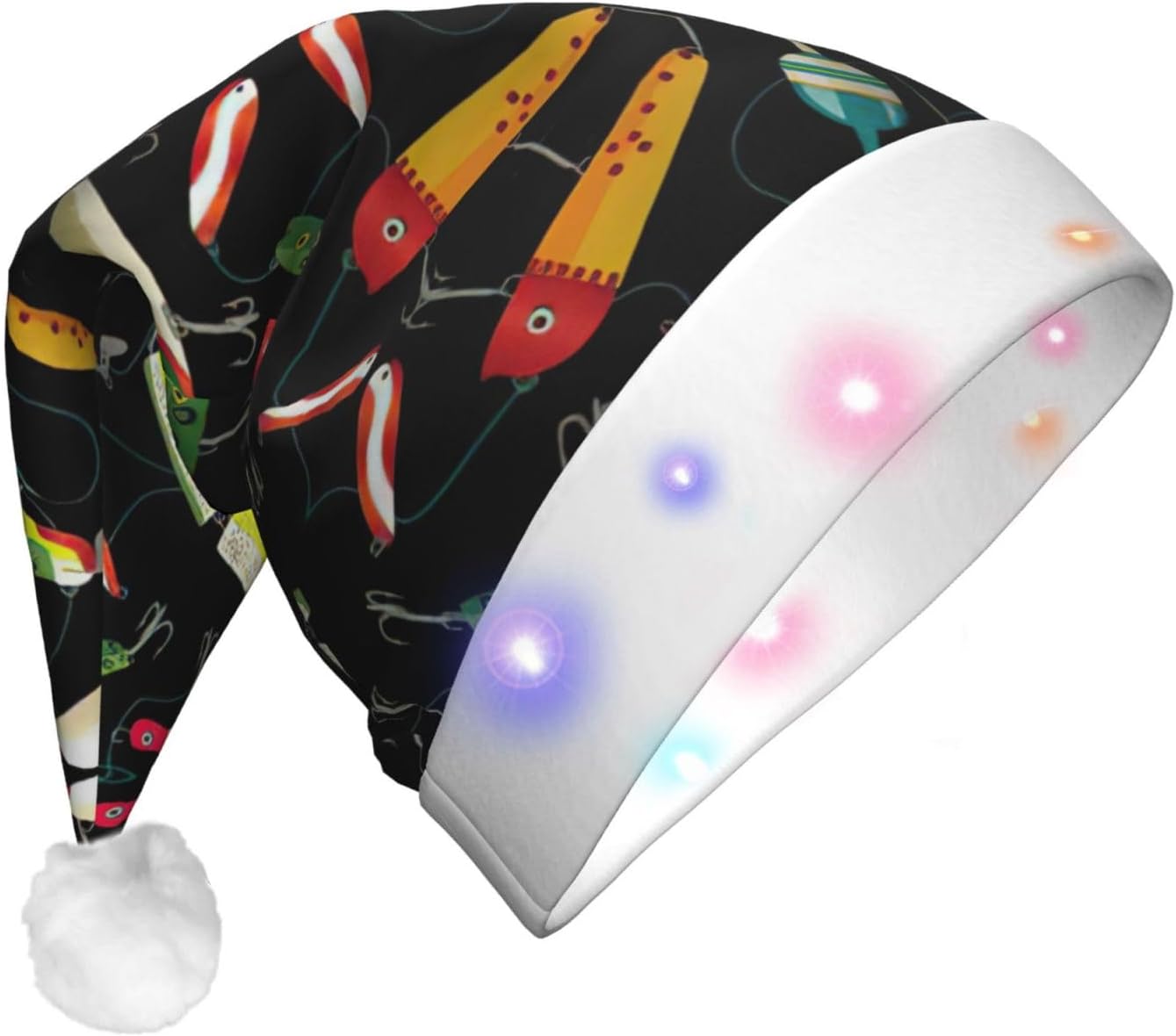Fishing Lure Christmas Santa Hat Plush Light Up Funny Adult Hat