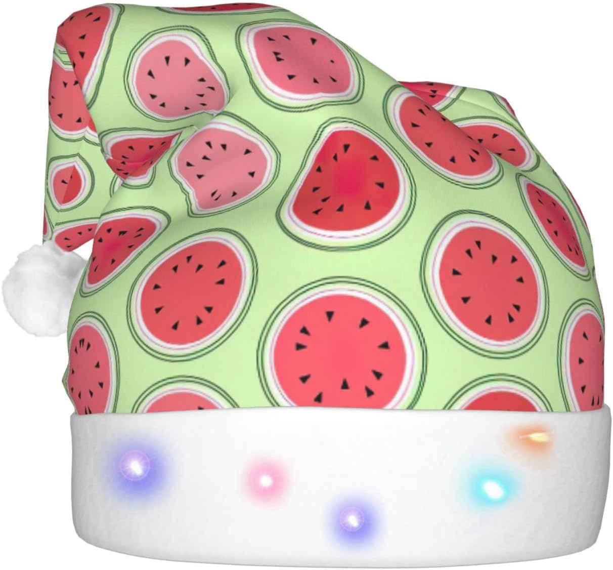 Watermelon Green Christmas Santa Hat Plush Light Up Adult Headwear