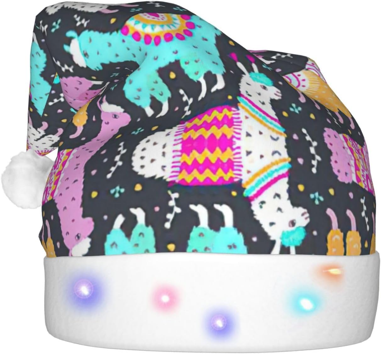 Indian Alpaca Print Christmas Santa Hat Plush LED Light Up for Adults