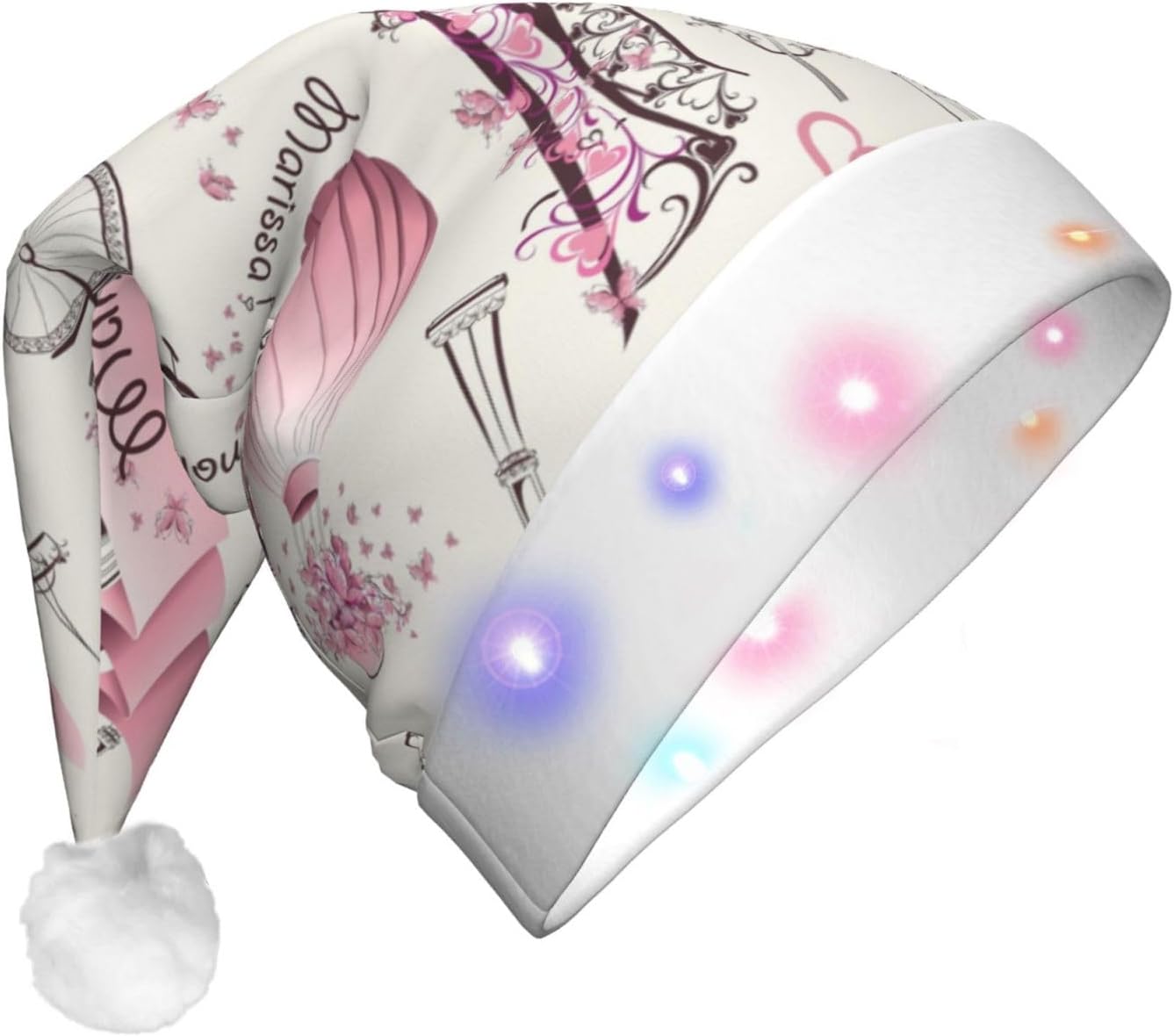 Dog and Paris Towe Print Santa Hat Plush Light Up for Adults