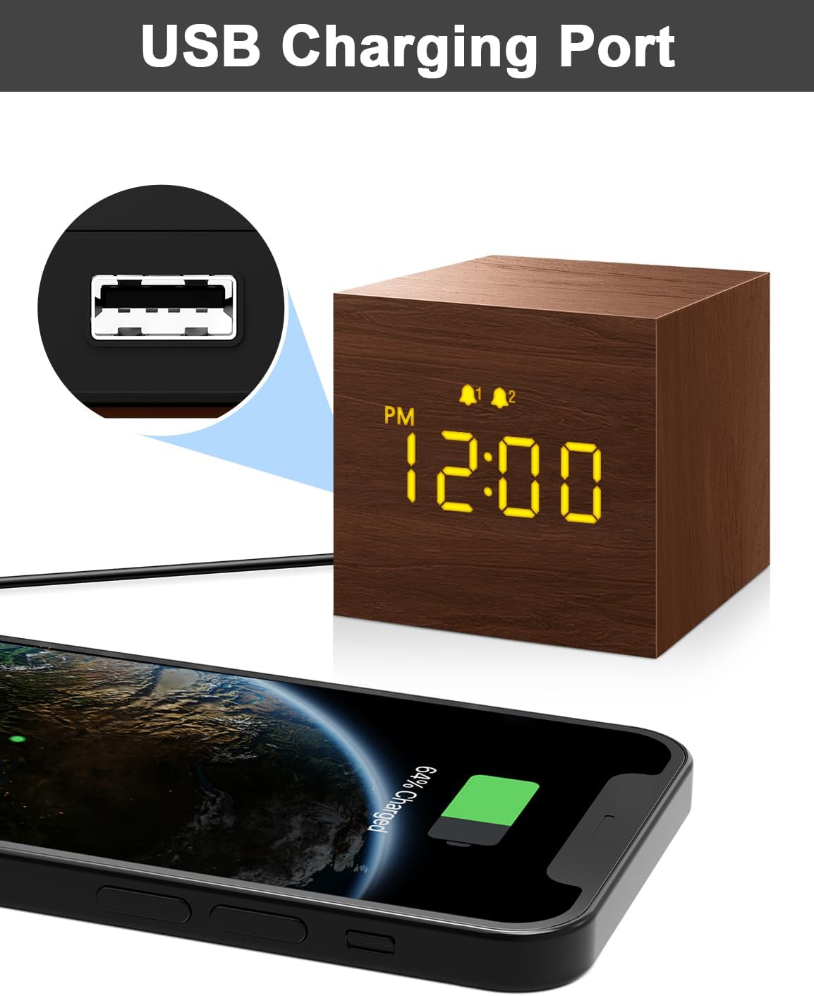 Wooden Digital Alarm Clock with 3 Alarms