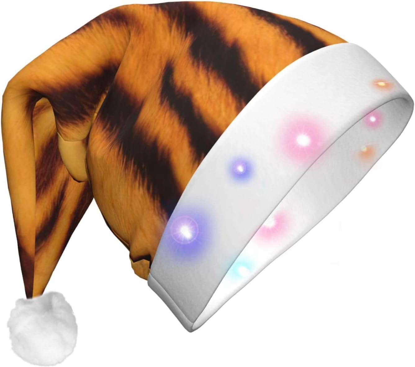 Tiger Striped Christmas Santa Hat Plush Light Up