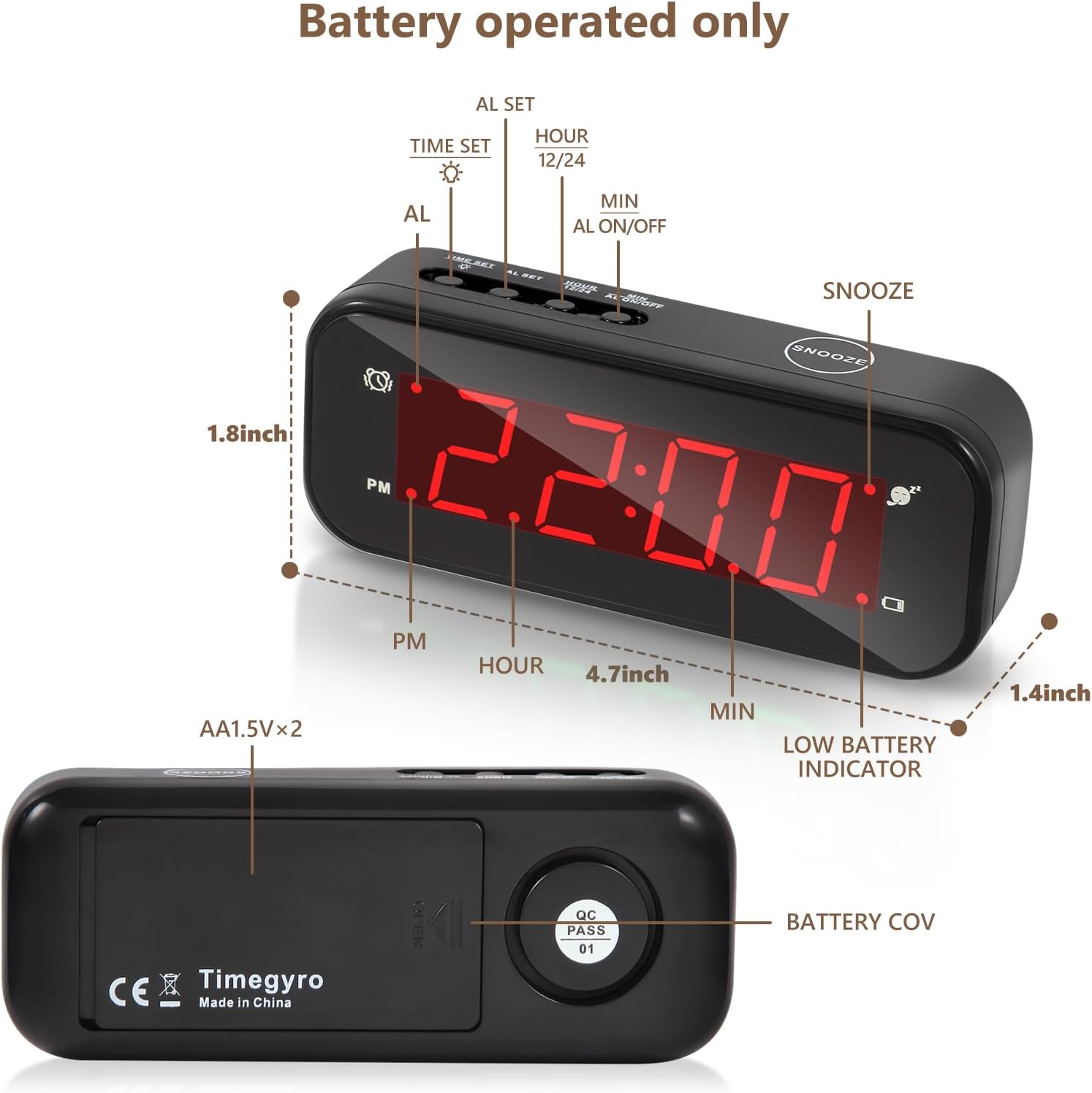 Small Digital Travel Alarm Clock with Snooze and Adjustable Brightness
