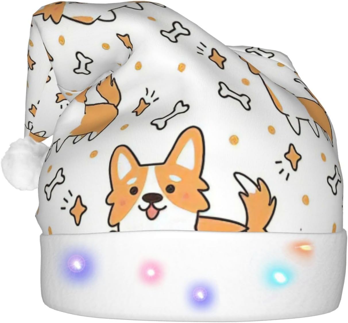 Dog Print Christmas Santa Hat Plush Light Up for Adult Party