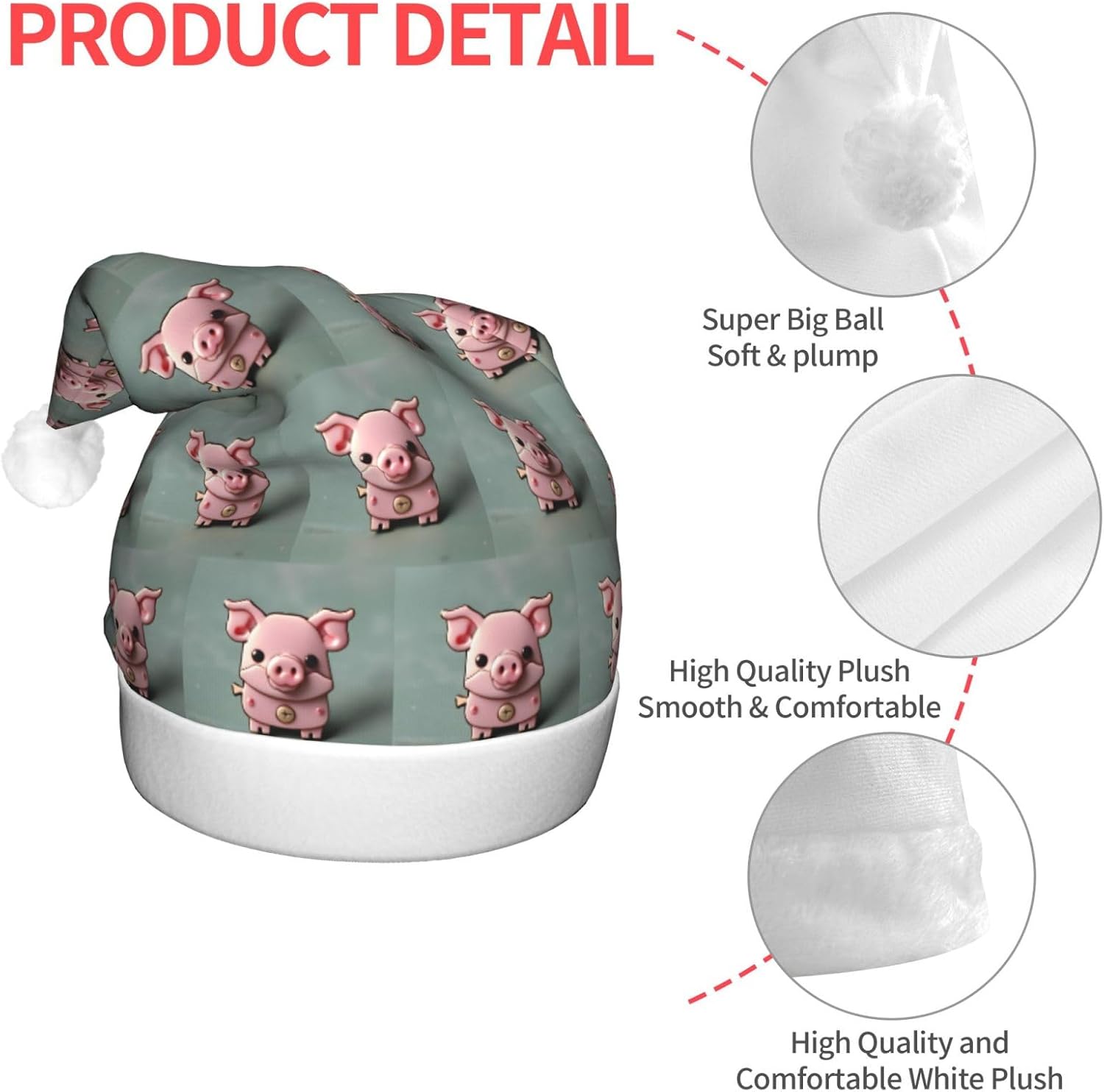 Pink Pig Print Christmas Santa Hat Plush Light Up for Adult