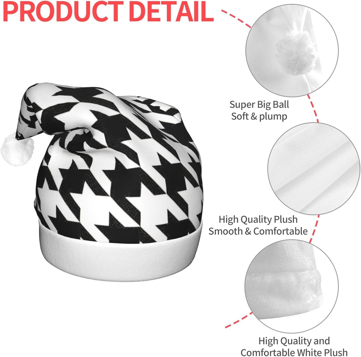 Houndstooth Black Print Christmas Santa Hat Plush Light Up Funny Adult Party Hat