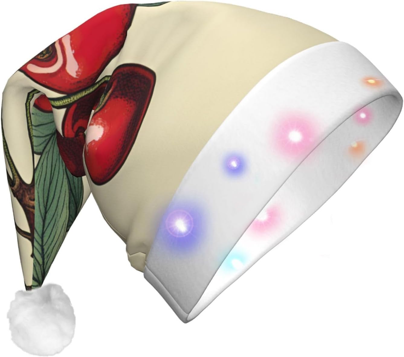 QINZHENG Red Cherry Print LED Santa Hat for Adults