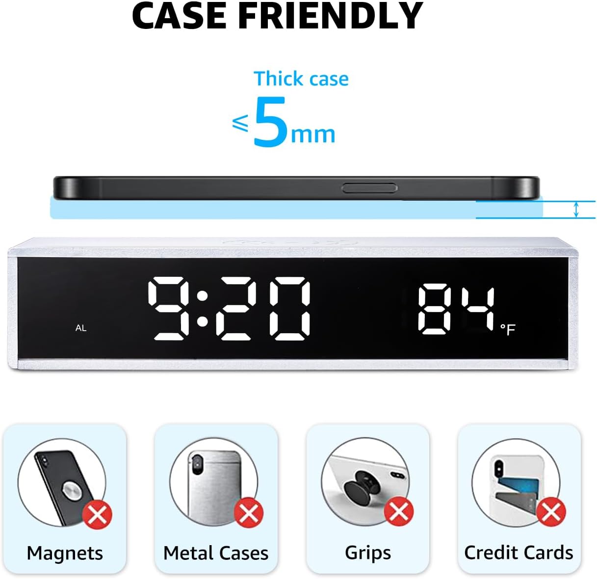 OhM-ega Digital Alarm Clock with 15W Wireless Charging