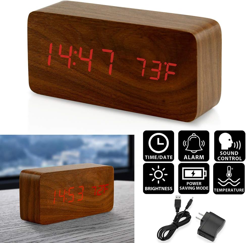 OCT17 Brown Wooden Digital Alarm Clock with Thermometer and Voice Control