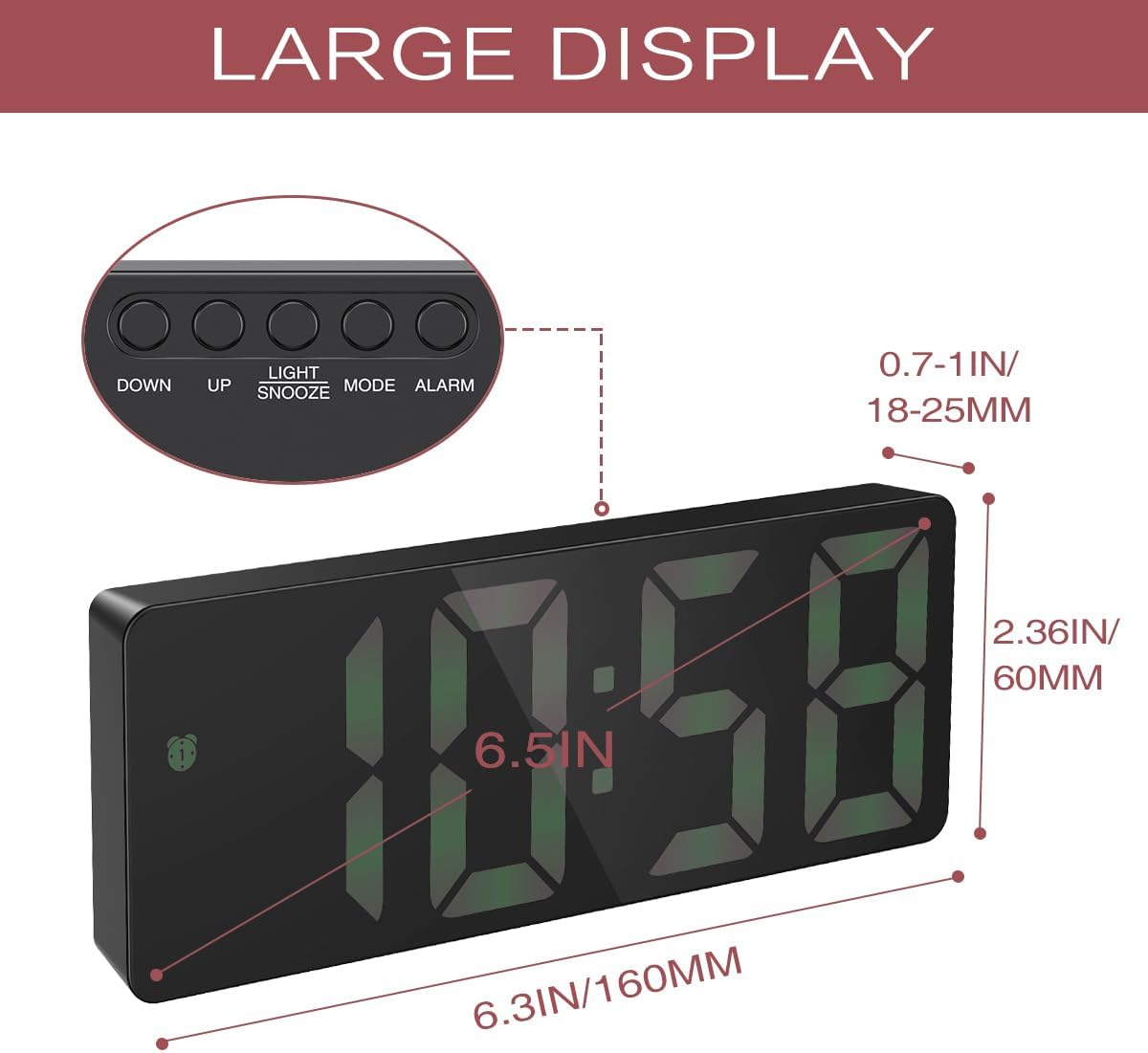 LOFICOPER 65 Inch LED Alarm Clock with Snooze and Brightness Control