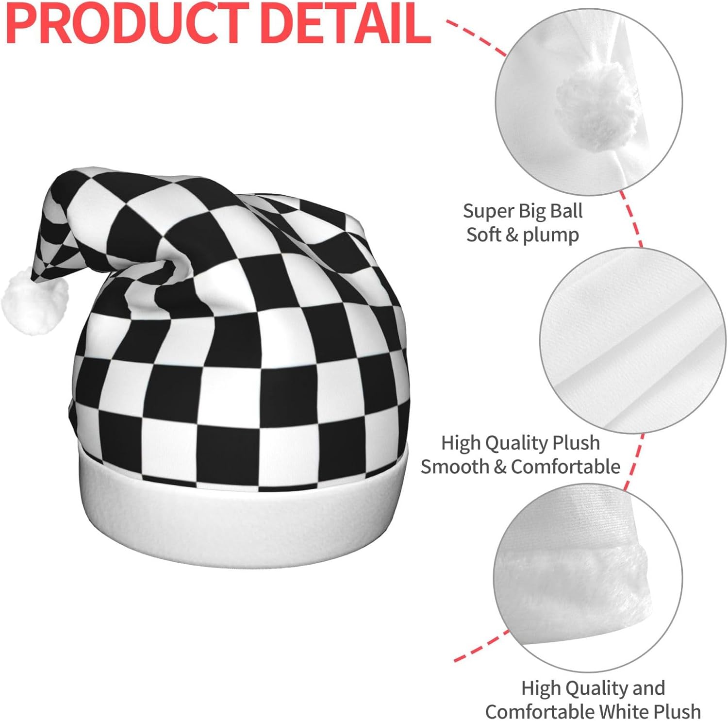 QINZHENG LED Black and White Checkered Santa Hat for Christmas Halloween Party