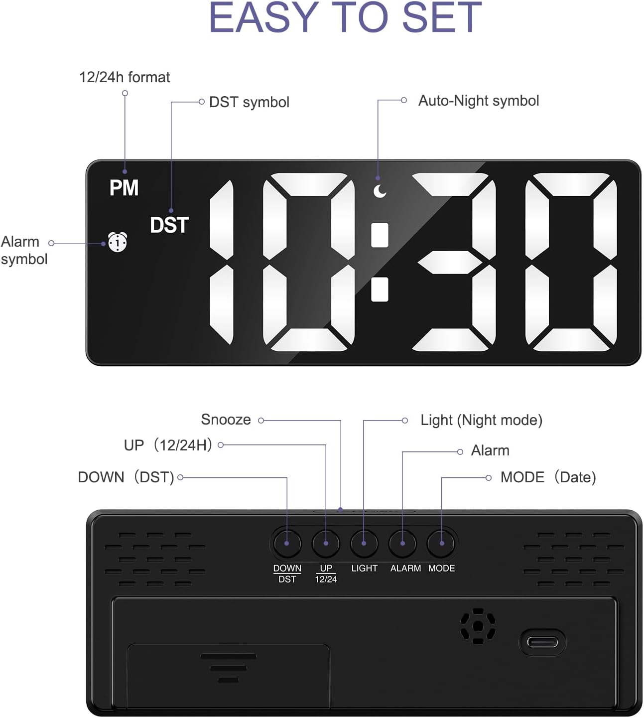 OQIMAX Digital Alarm Clock with Large Display and Touch Snooze