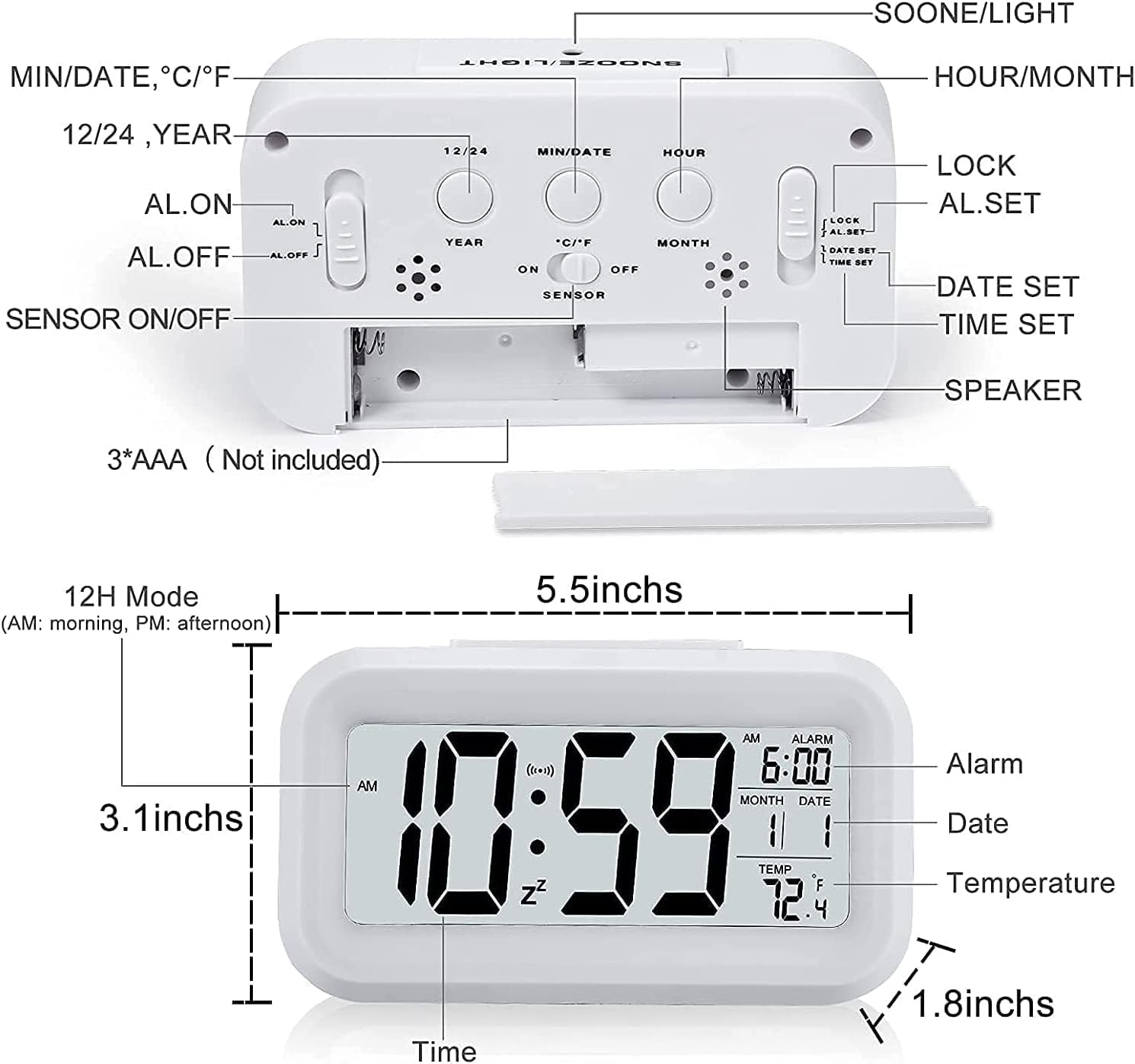 Hiseeyo Digital Alarm Clock with 43 Inch LED Display