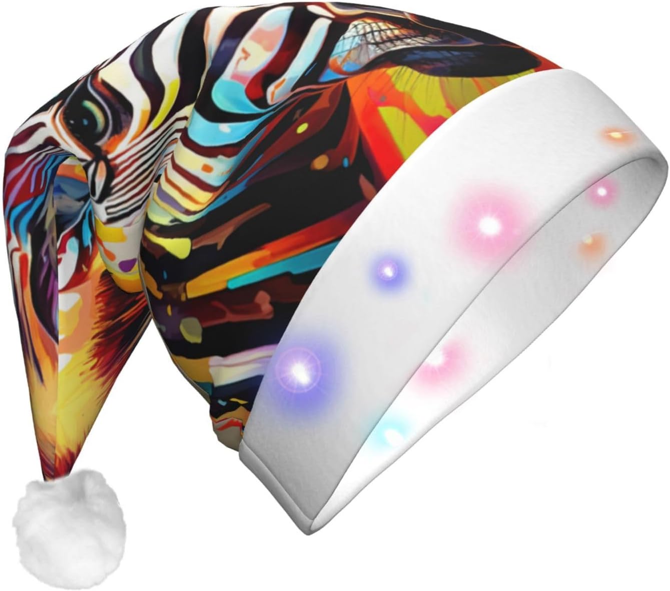 Abstract Animal Zebra Print Christmas Santa Hat Plush Light Up