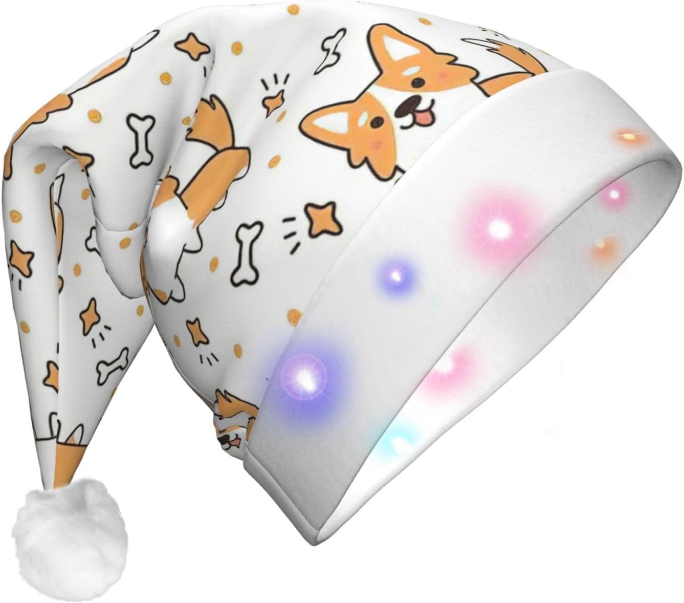 Dog Print Christmas Santa Hat Plush Light Up for Adult Party