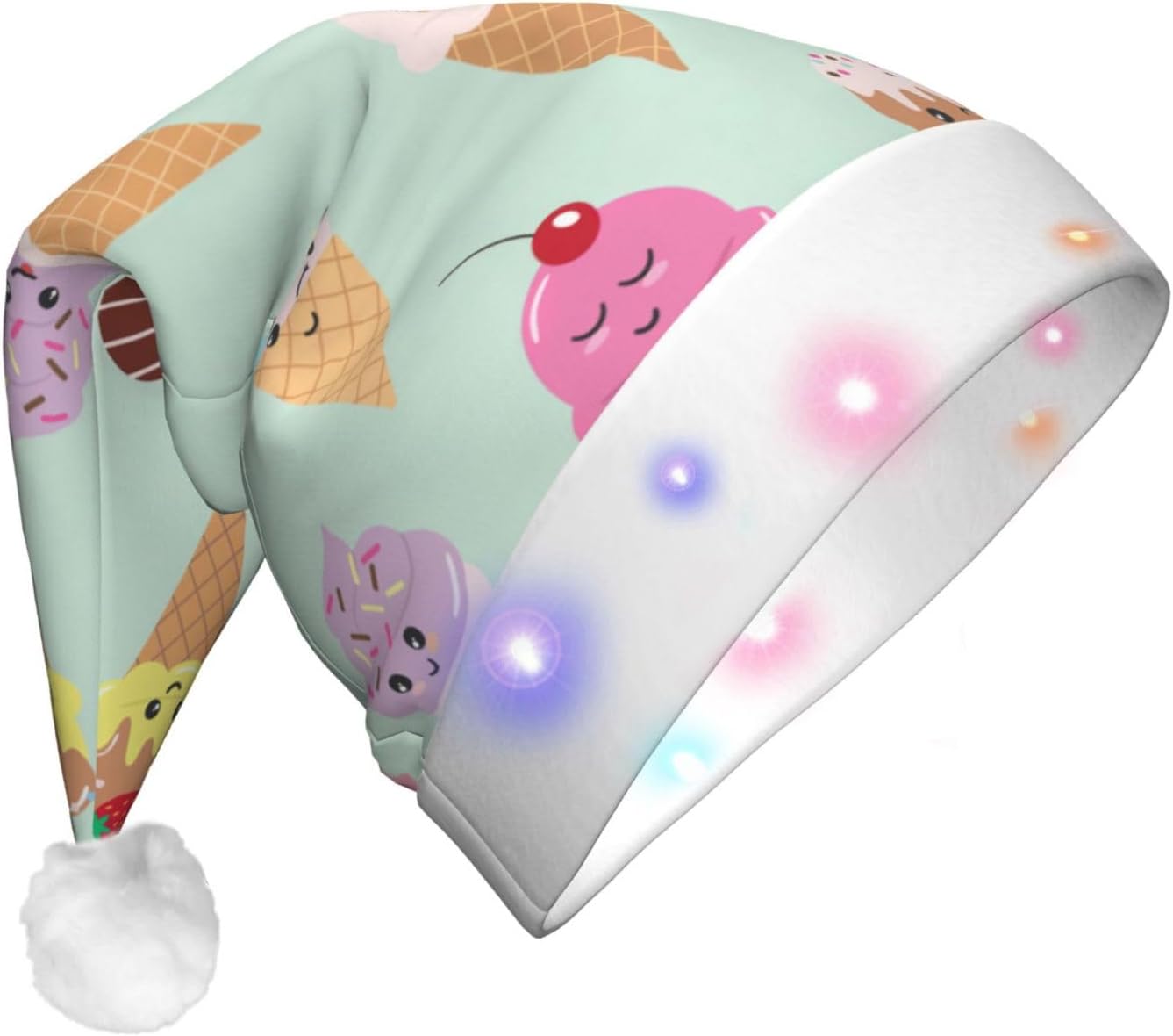 Ice Cream Cones Christmas Santa Hat Plush LED Light Up for Adults