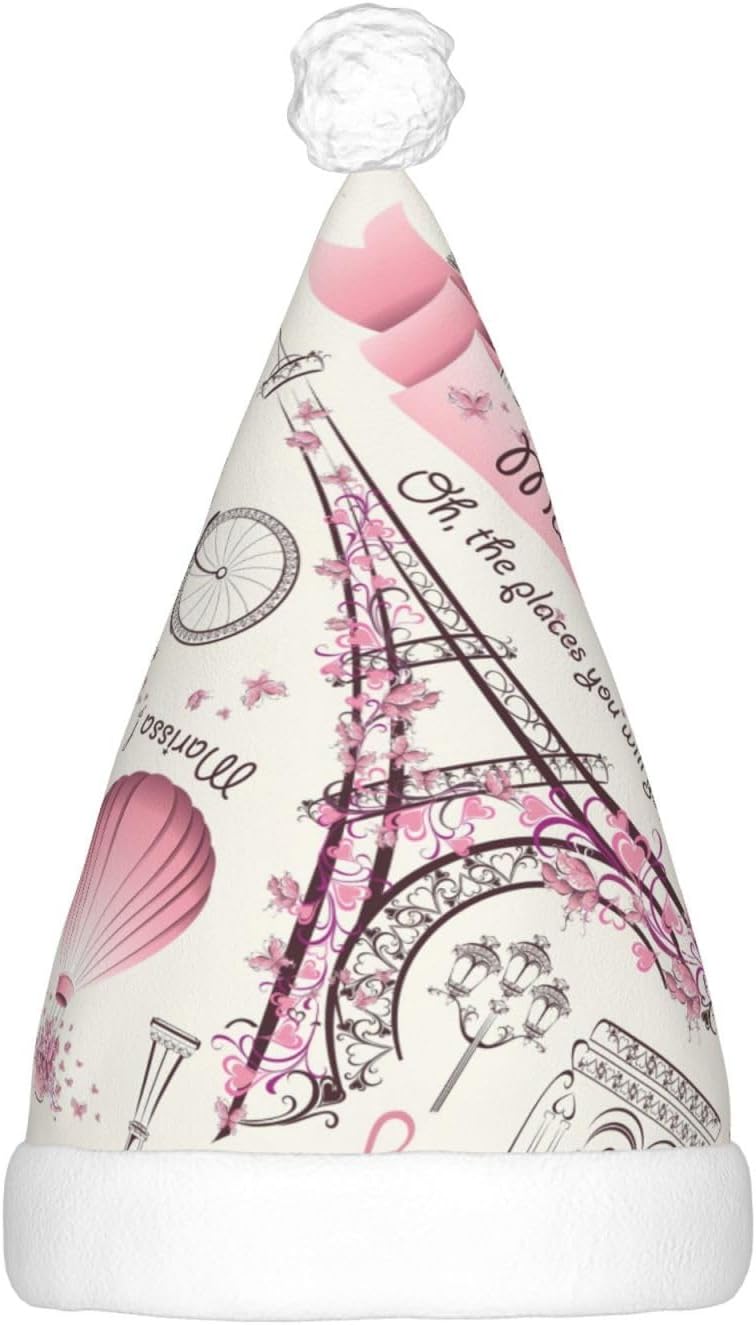 Dog and Paris Towe Print Santa Hat Plush Light Up for Adults