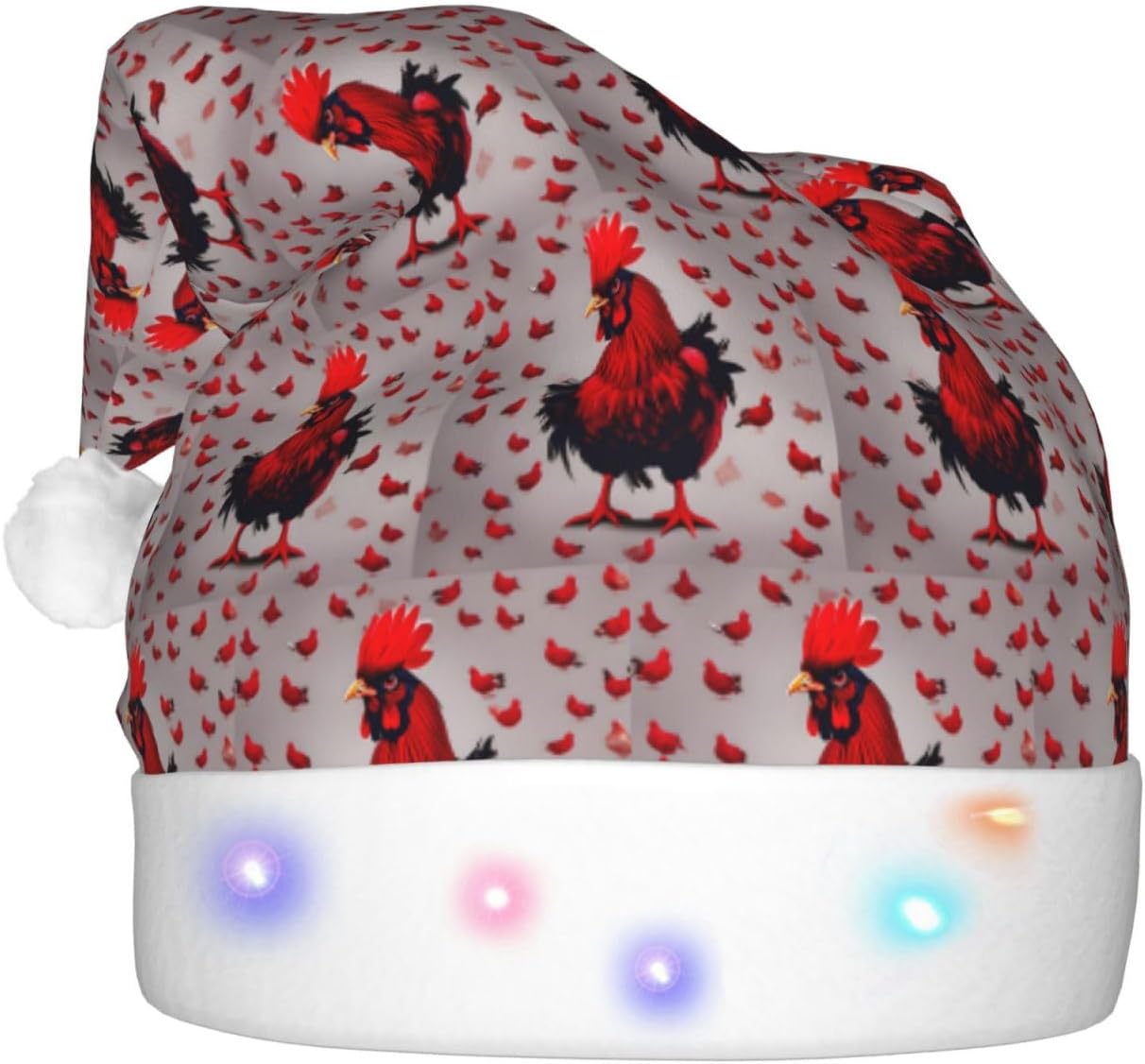 Red Chicken Print Christmas Santa Hat Plush LED Light Up Adult Party Hat