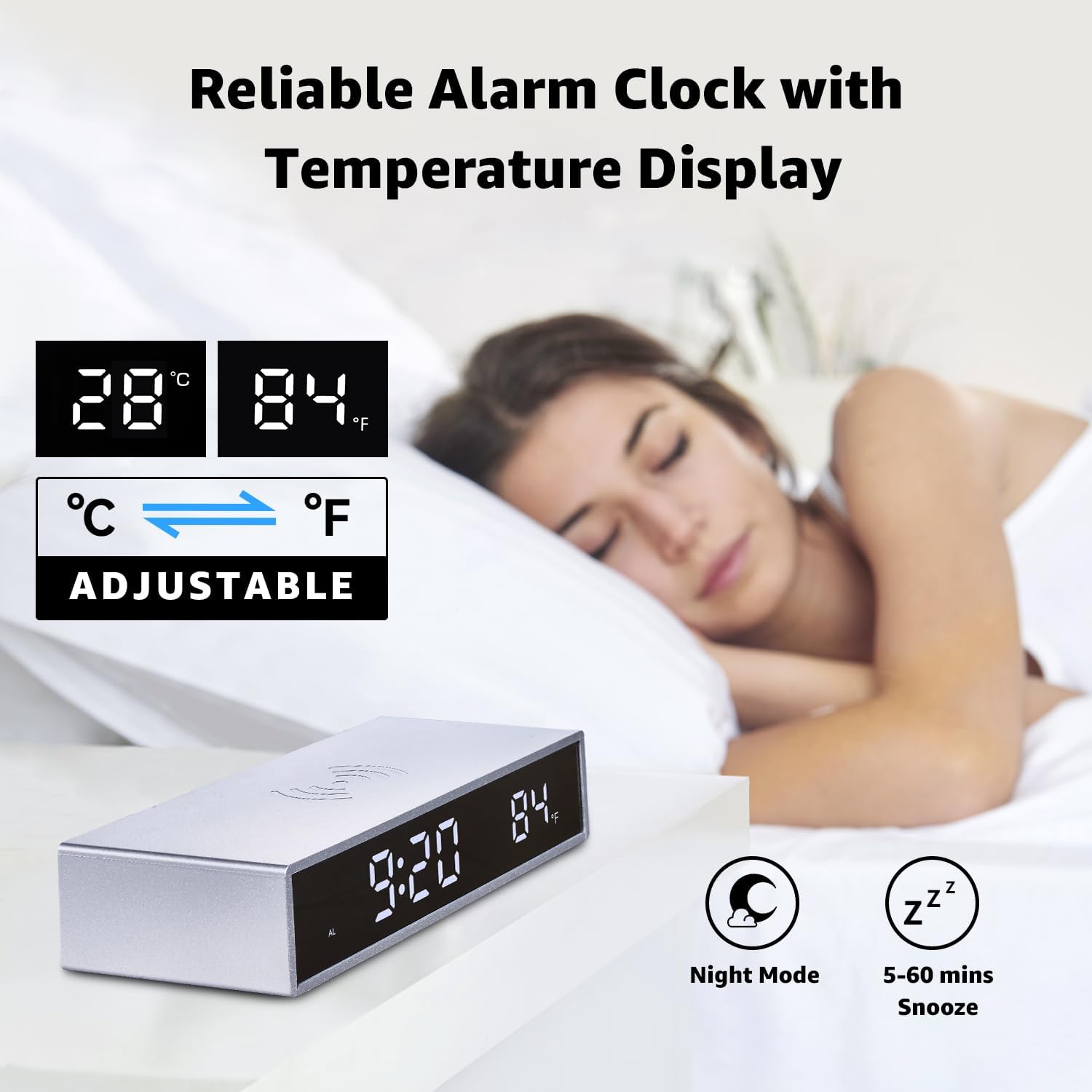 OhM-ega Digital Alarm Clock with 15W Wireless Charging