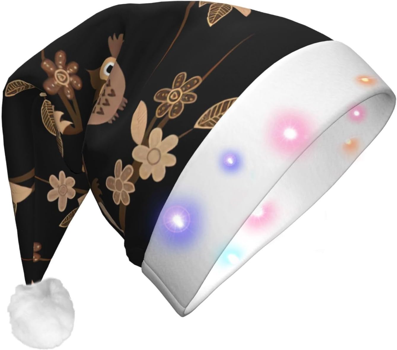 Cute Brown Cartoon Owls Christmas Santa Hat Plush Light Up Adult Party Hat