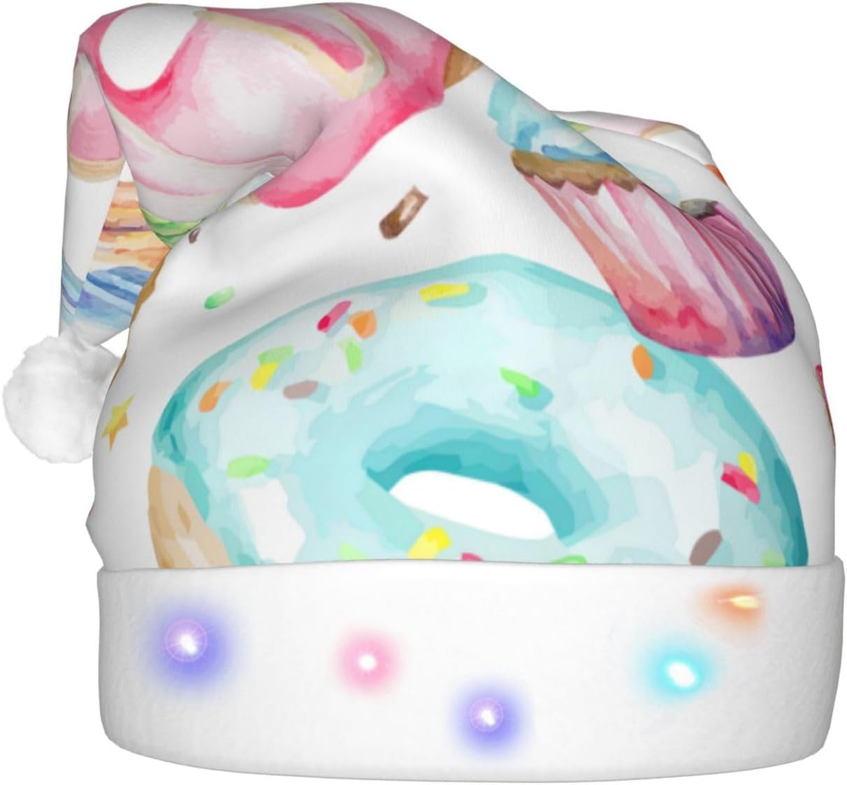 Cupcakes Donuts Muffins Sugar Print LED Christmas Santa Hat for Adults