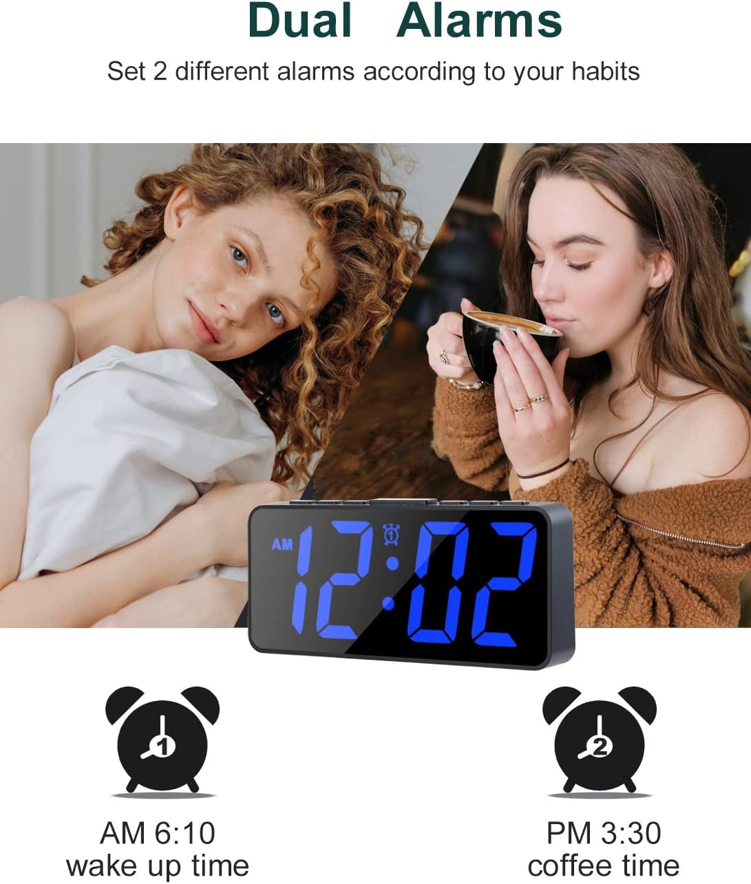 75 Inch Digital Alarm Clock with Dimmer and Dual Alarms