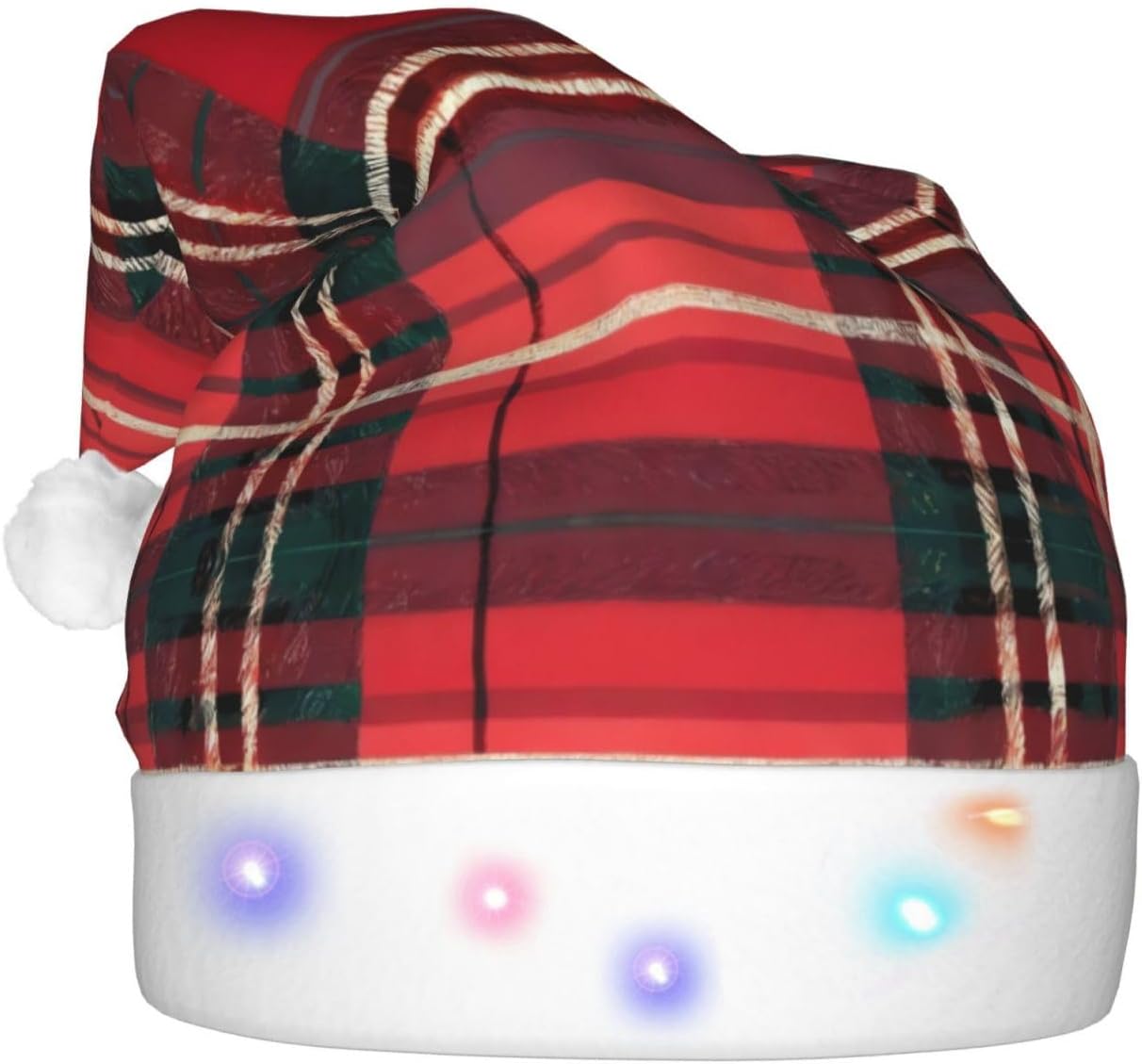 Plaid Red and Black Christmas Santa Hat Plush Light Up for Adults