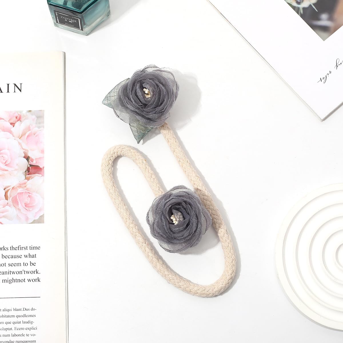 Handmade Artificial Rose Flower Curtain Holdbacks Gray