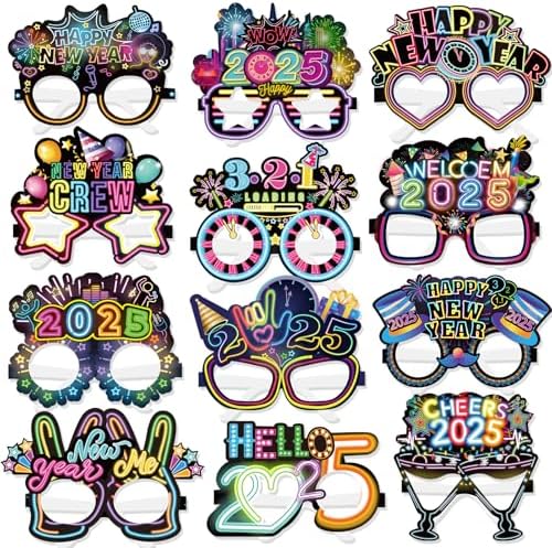 HOWAF 24 Piece Happy New Year Neon Paper Glasses