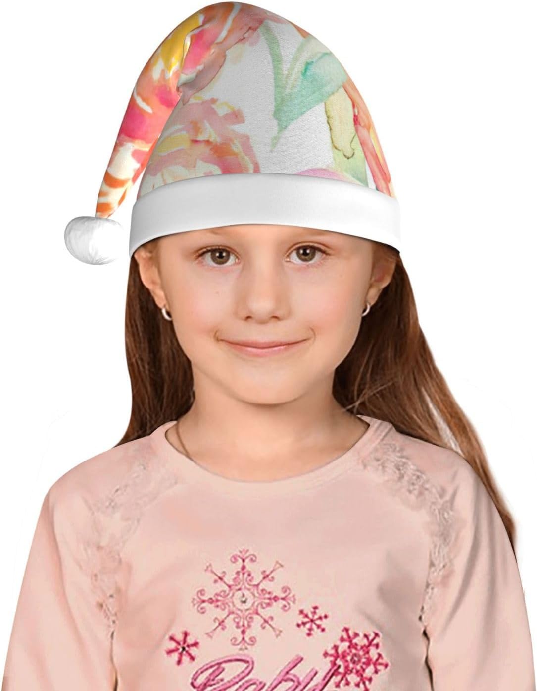 Peach Peony Print Christmas Santa Hat Small Size 1