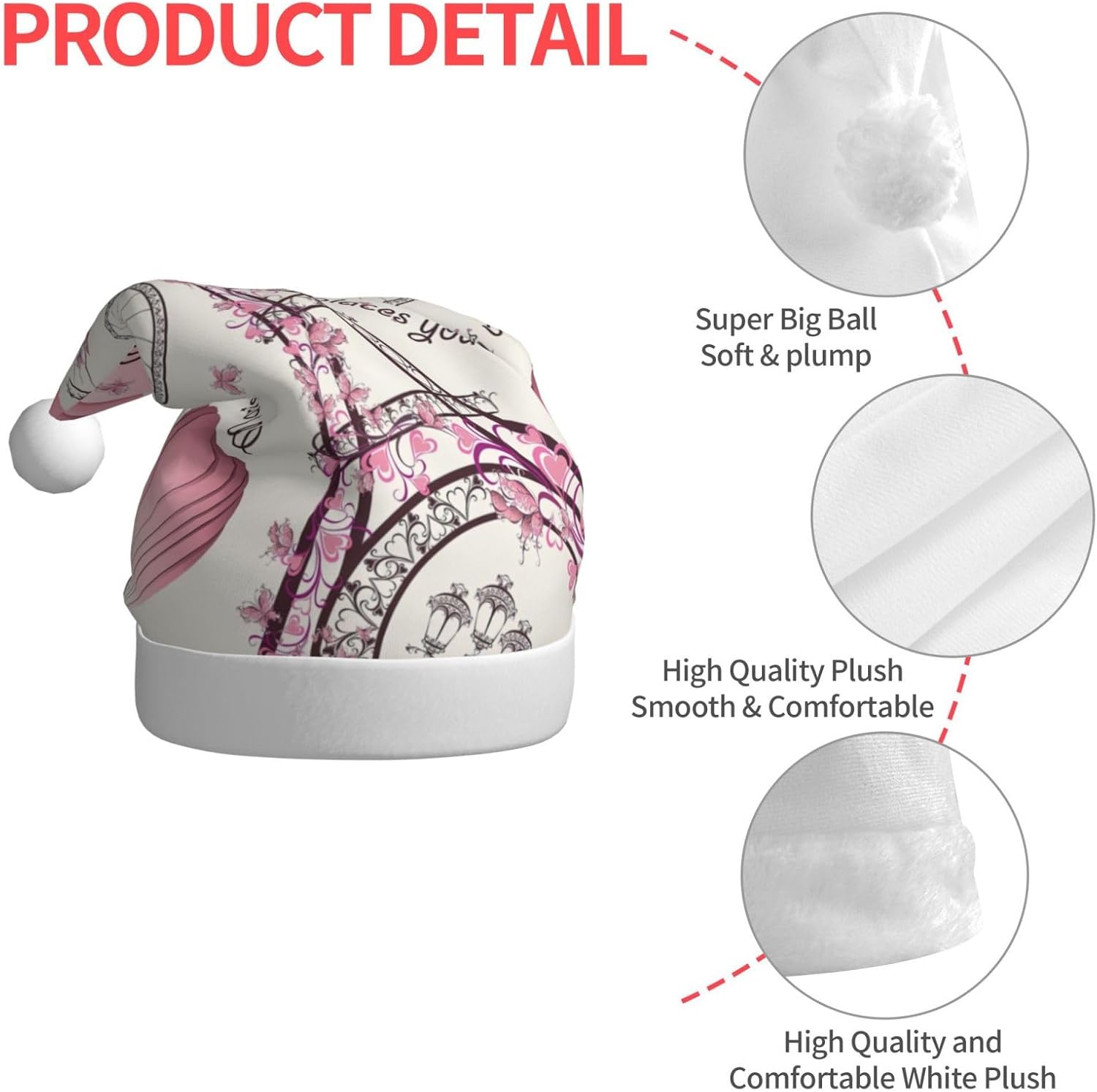 QINZHENG Romantic Paris Butterfly Print Santa Hat for Women